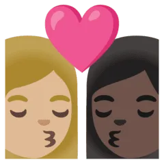 👩🏼‍❤️‍💋‍👩🏿 Berciuman Wanita dengan Wanita Warna Kulit Cerah Sedang dengan Warna Kulit Gelap Google